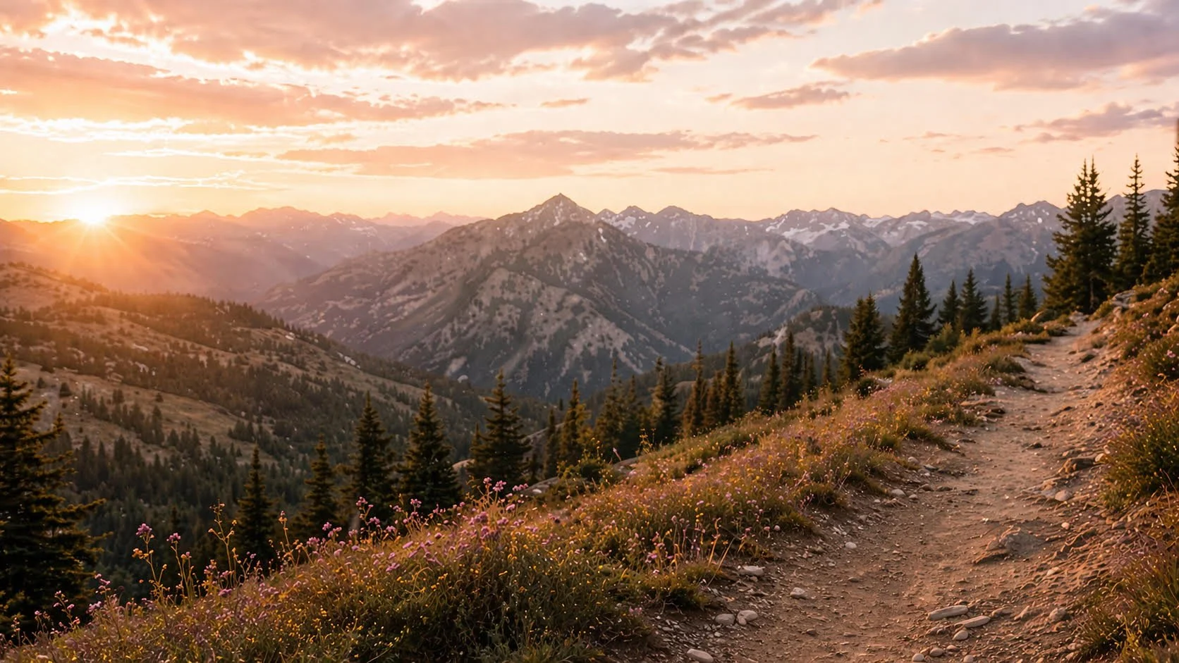 Sunrise over rugged mountain landscape with trail and wildflowers.