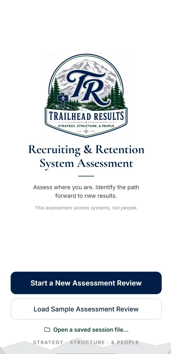 Logo with mountains, trees, and trail icon, reading 'Trailhead Results,' and text about recruiting and retention system assessment with buttons for starting a new review or loading a sample.
