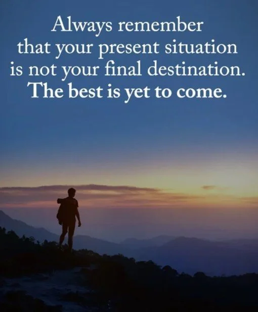 Inspirational quote over a sunset view of a person standing on a mountain overlooking distant mountains and a colorful sky.