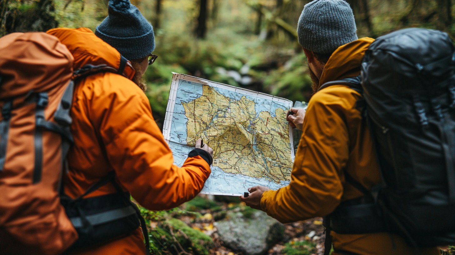 Two hikers in orange jackets and gray beanies examining a topographic map in a forest.