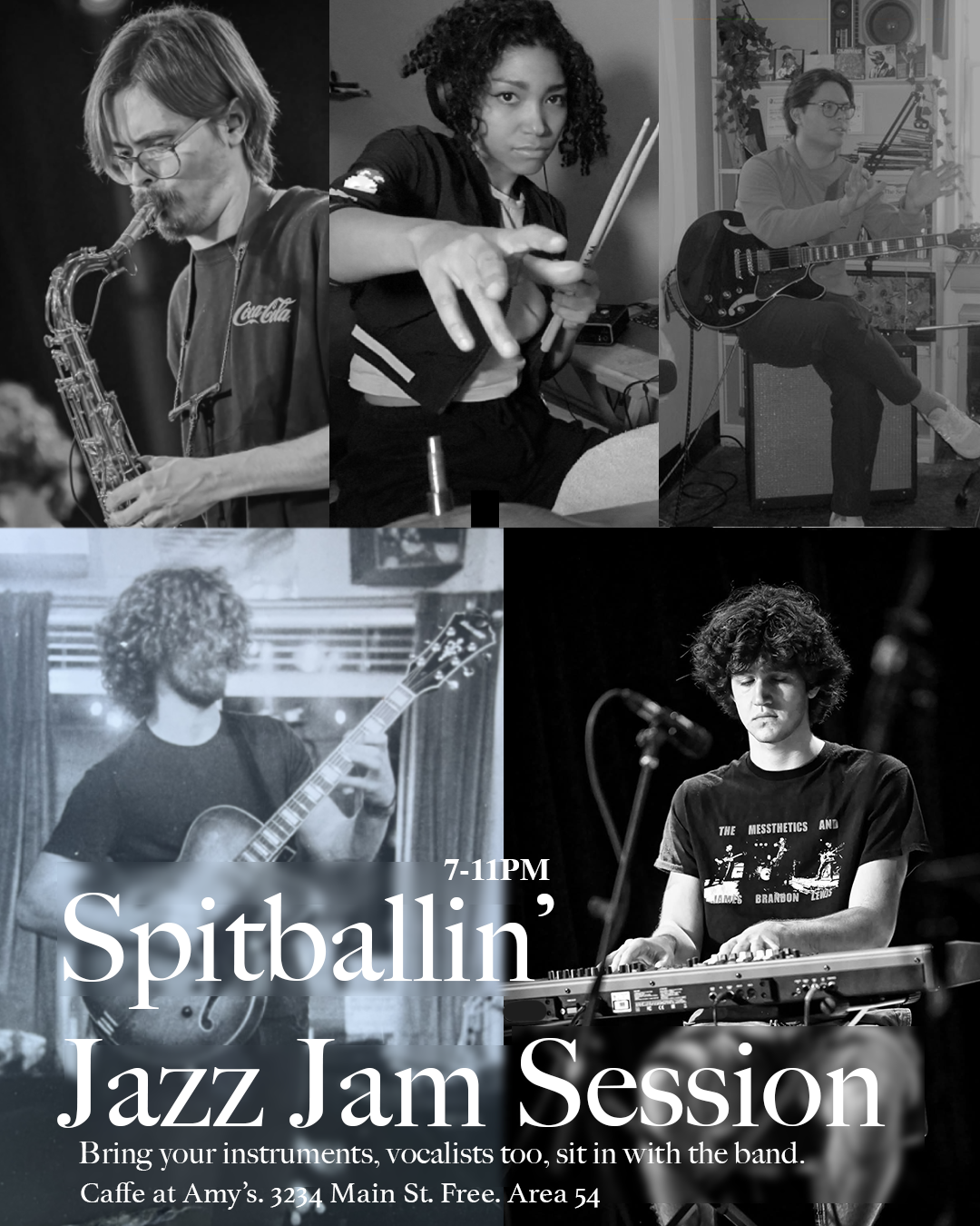 A black and white flyer for a jazz jam session at Amy's, featuring five musicians playing instruments including saxophone, drums, guitar, and keyboard, with event details and encouragement to bring instruments and vocalists.