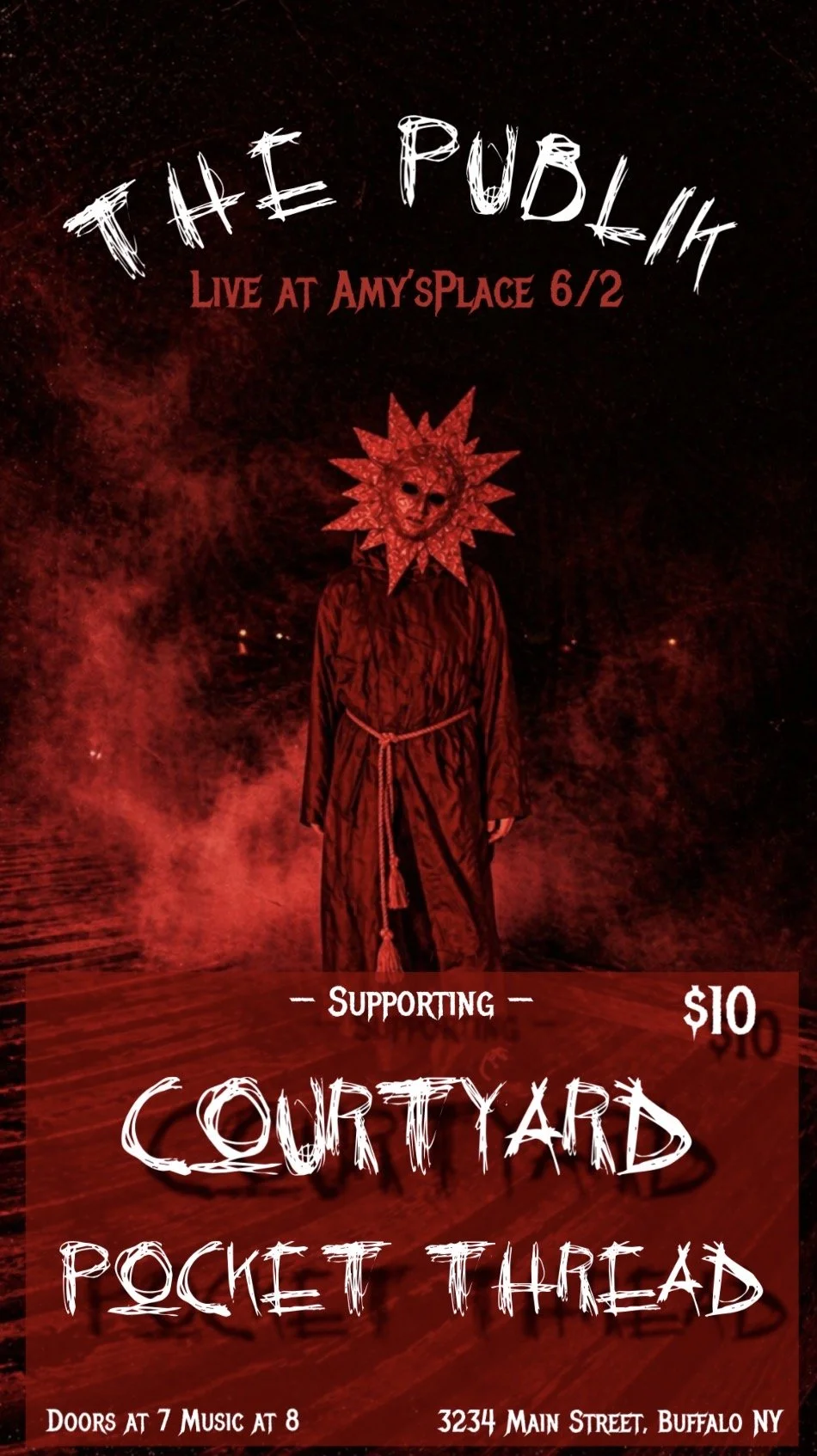 Event poster for a live performance at Amy's Place on June 2nd, featuring a person in a dark robe and a mask with a sun-like headdress, promoting support for Courtyard Pocket Thread, with details about doors opening and music timings, and a ticket price of $10.