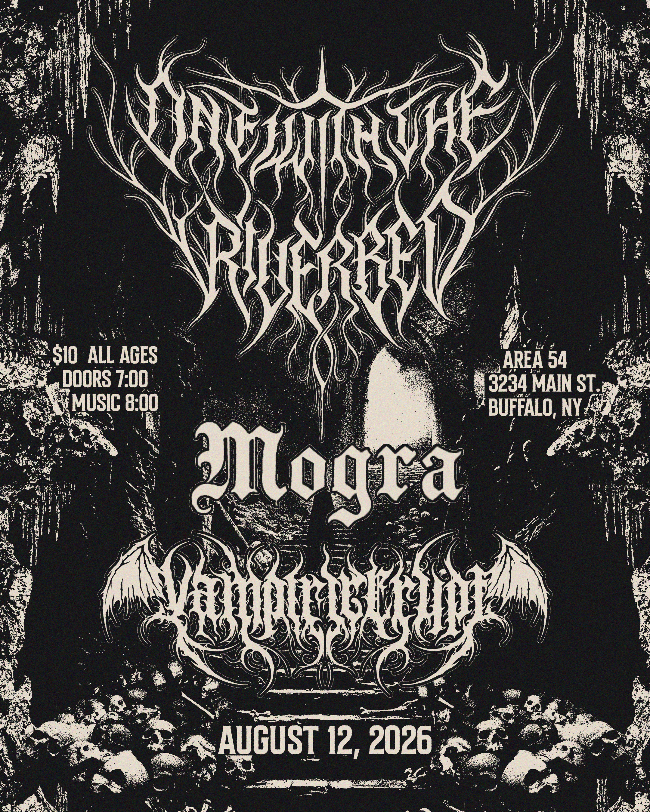 Black and white poster for a music event featuring band names in intricate, gothic-style font; skull imagery surrounds the event date, August 12, 2026, and location, Area 54, 3234 Main St., Buffalo, NY.