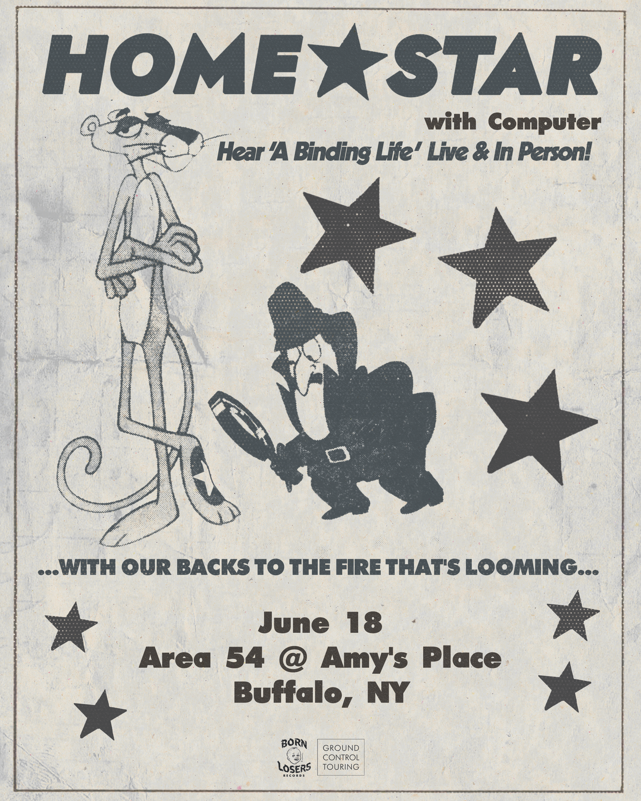 A vintage-style poster advertising a music concert with cartoon drawings of a lion playing a guitar and a dog wearing a hat, surrounded by star shapes. The text promotes a band called Home Star, performing live and in person on June 18 in Buffalo, NY, with additional details about the event and sponsors.