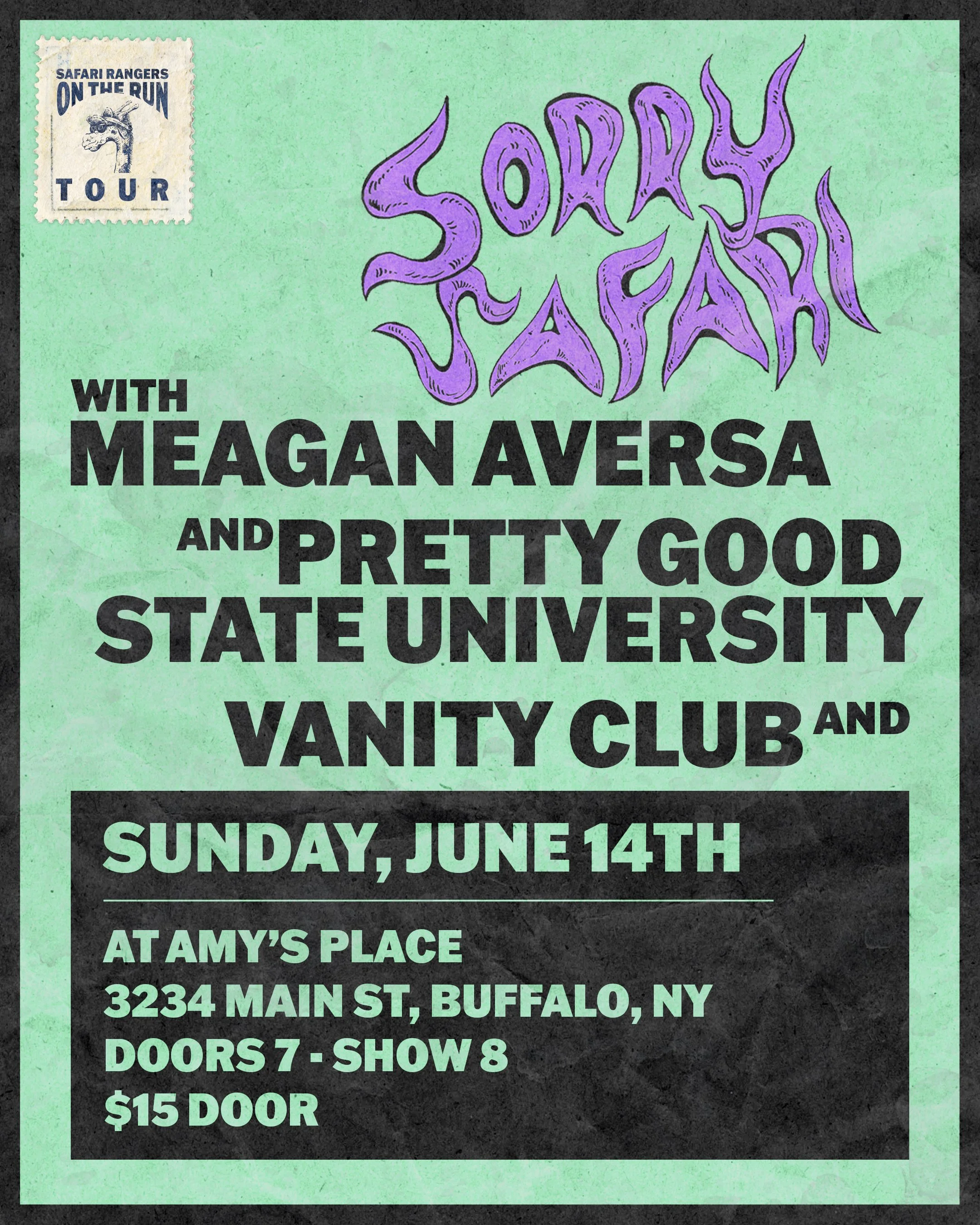 Event poster for a performance by Sorrey and Meagan Aversa with Pretty Good Saturday University, scheduled for Sunday, June 14th at Amy's Place, Buffalo, NY. Doors open at 7 PM, show starts at 8 PM. Ticket price is $15.