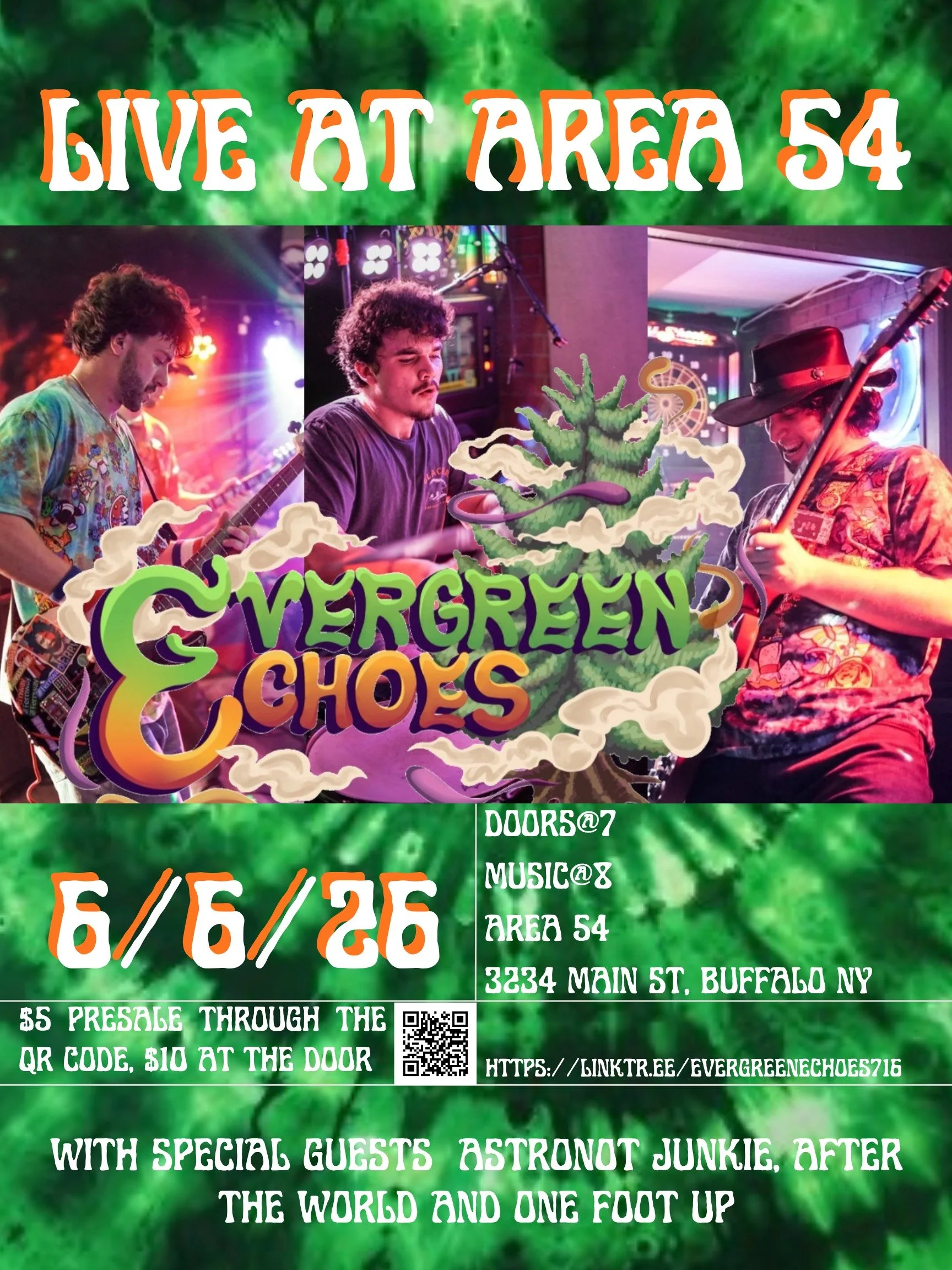 Event poster for Evergreen & Ghoses featuring a green marijuana leaf with smoke, a band playing music, and event details including date, time, location, tickets, and special guests.