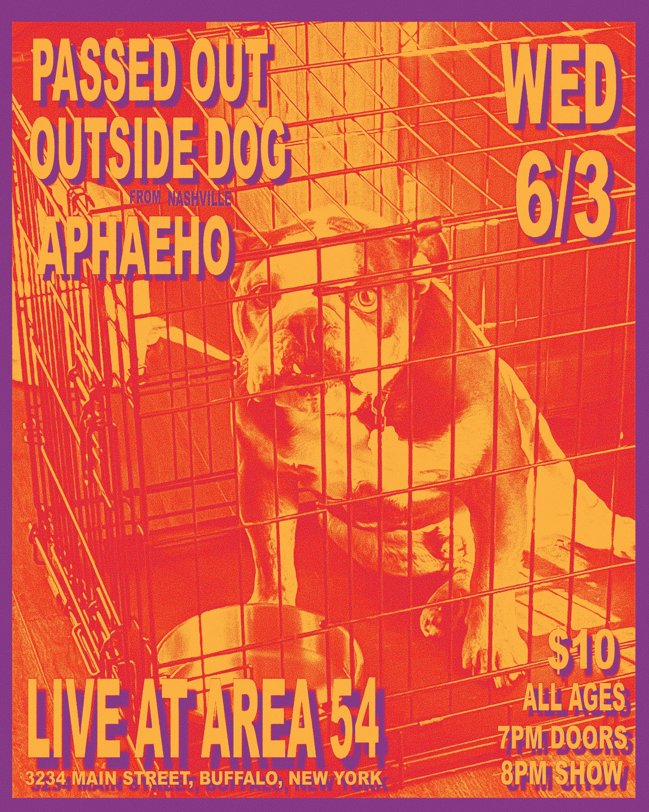 A flyer showing a dog in a cage with text about an event. Event details include date, time, location, and age restrictions, with eye-catching colors and font.