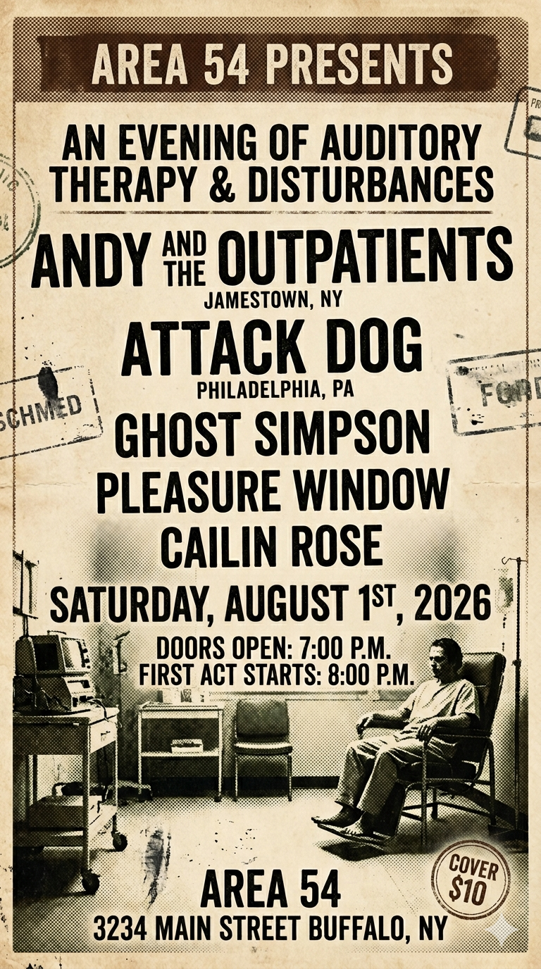 Event poster for Area 54 presents an evening of auditory therapy and disturbances featuring Andy and the Outpatients, Attack Dog, Ghost Simpson, Pleasure Window, and Cailin Rose, scheduled for Saturday, August 1st, 2026, at 3234 Main Street, Buffalo, NY. Doors open at 7:00 PM, with the first act at 8:00 PM. Ticket cover is $10.
