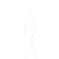 Silhouette of a clock tower with a pointed top against a black background.