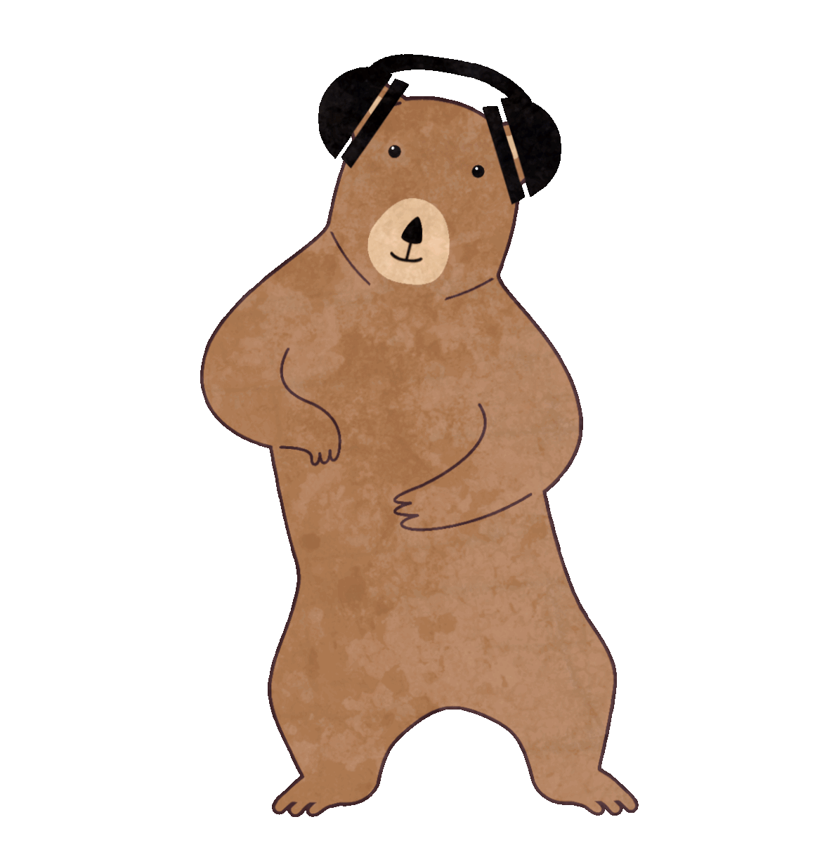 A cartoon bear with black headphones, standing on two legs, with one paw on its hip, against a beige background.