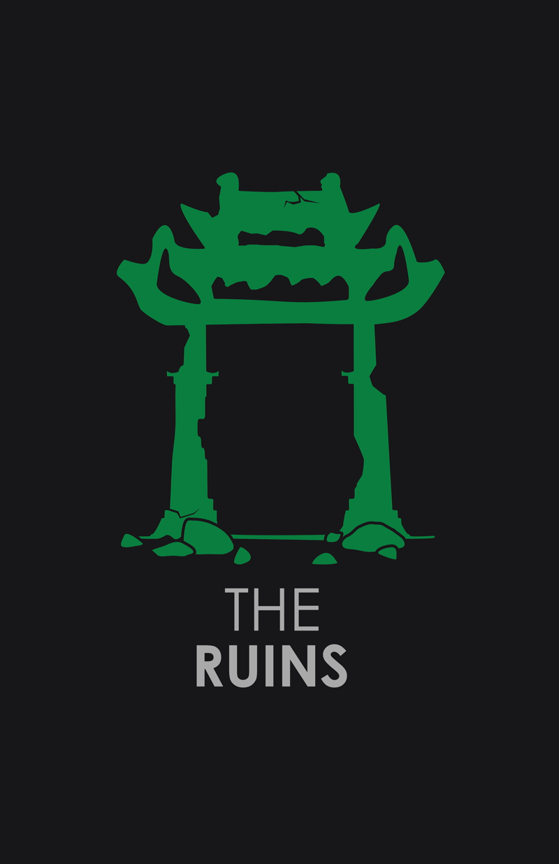 A dark background with a stylized green outline of a Chinese gateway or torii, beneath the words "THE RUINS" in gray and white font.