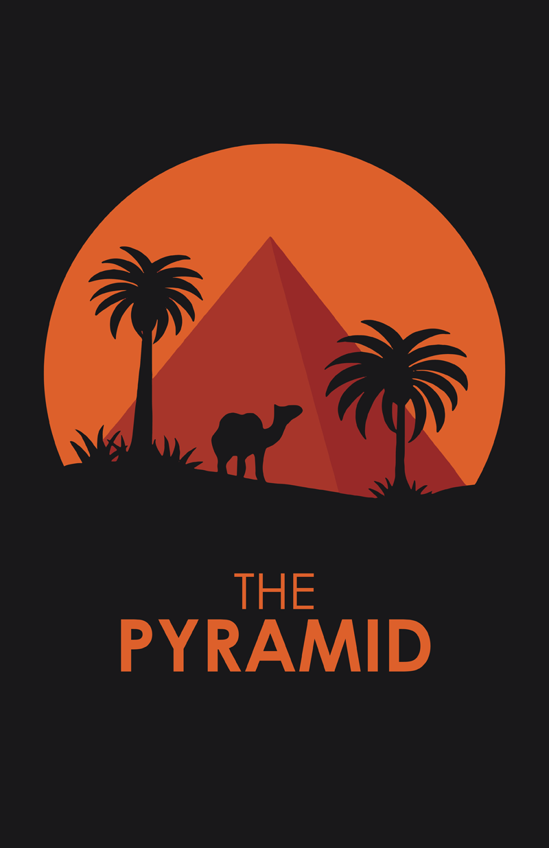 Silhouette of a camel, palm trees, and a pyramid against an orange circle with a black background, with the text "The Pyramid" at the bottom.