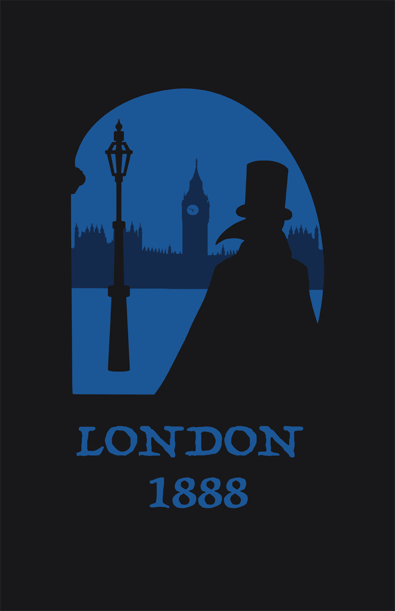 Silhouette of a man wearing a top hat and a long coat, standing in front of the Big Ben clock tower and the Houses of Parliament, with a lamppost nearby, under a night sky. The text "LONDON 1888" appears below.
