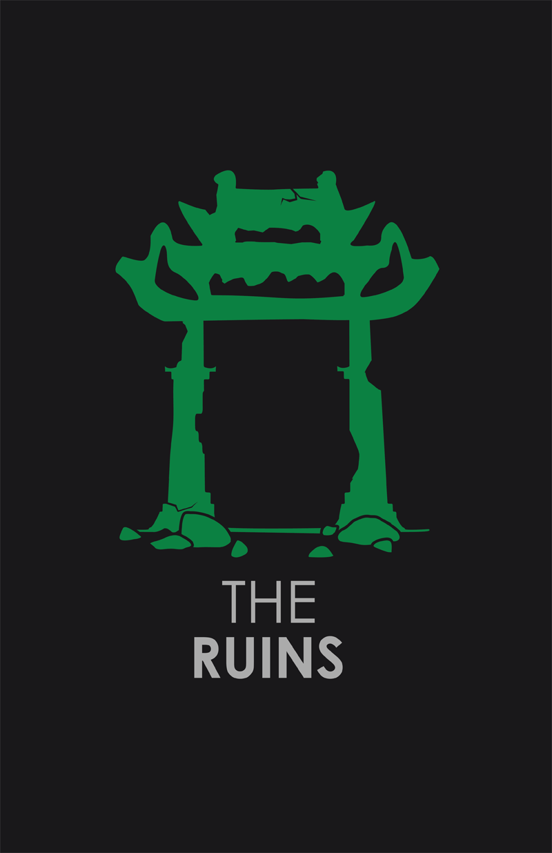 Graphic of a green, cracked, broken torii gate on a dark background with the words "The Ruins" beneath it.