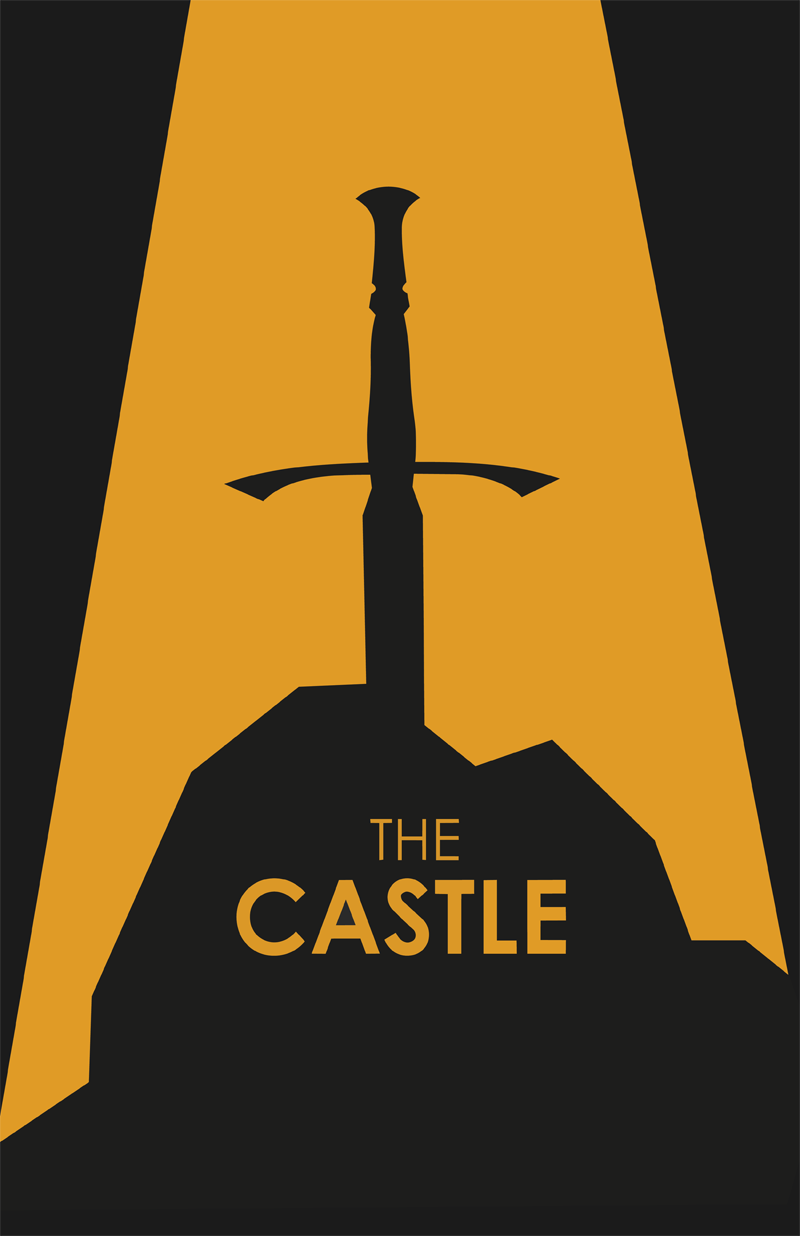 A black and gold graphic featuring a silhouette of a sword embedded in a rocky hill with the words "The Castle" written below.