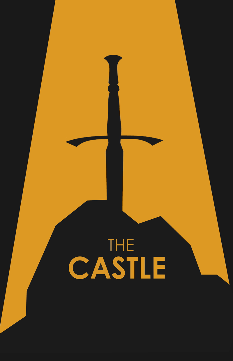 A black and gold illustration of a sword stuck in a rock with the words "The Castle" written below.