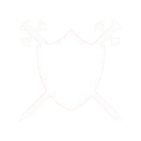 Silhouette of a shield with two crossed swords in the background.
