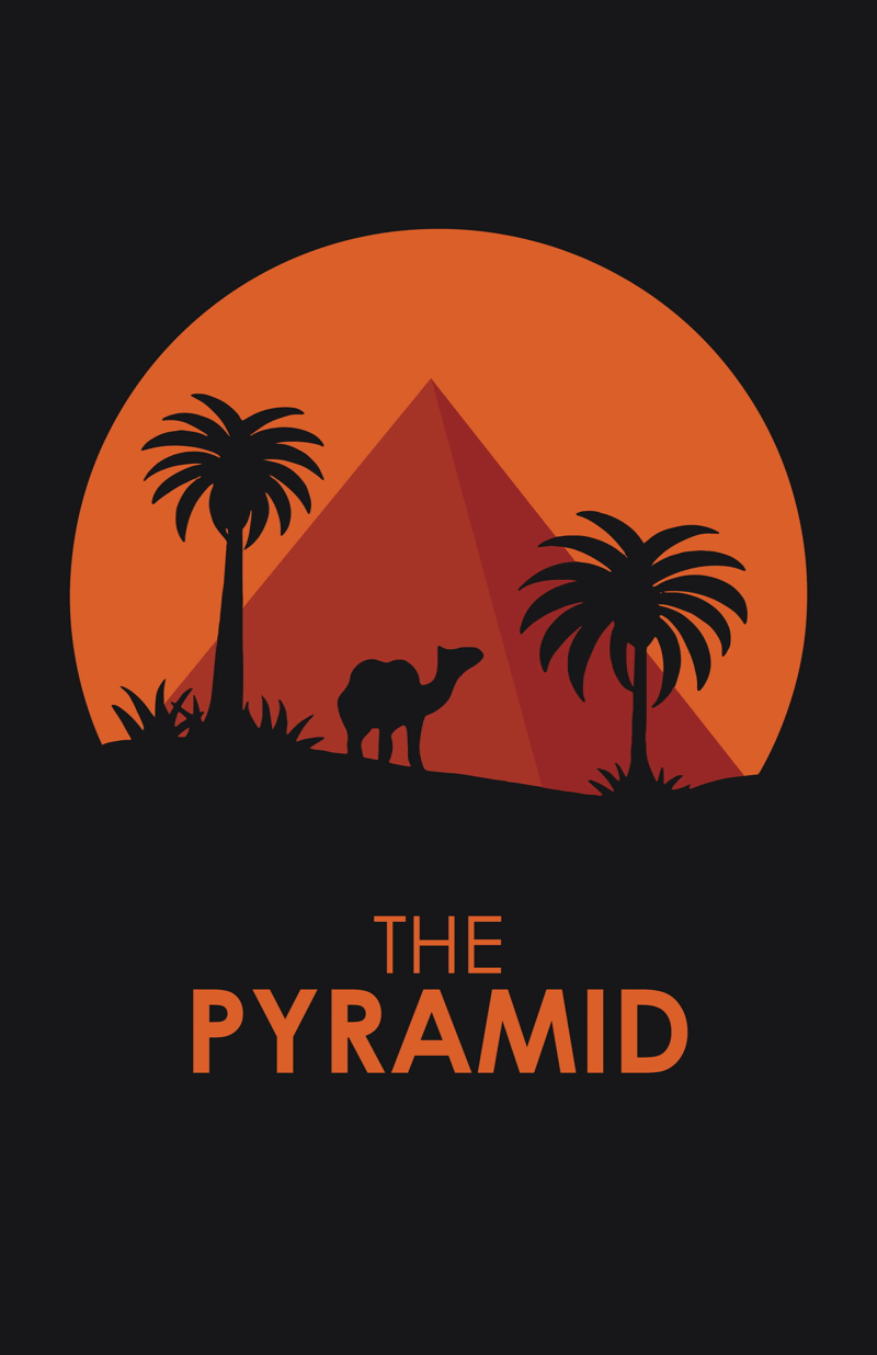 Silhouette of a camel, two palm trees, and pyramids against an orange sunset or sunrise background with "The Pyramids" written below.