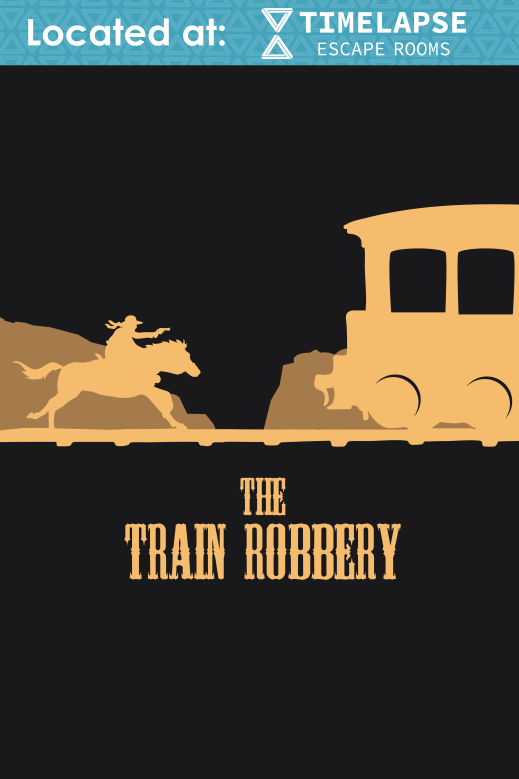 A stylized illustration of a train chugging on tracks with a person on horseback chasing it, with text indicating a location and the title 'The Train Robbery' for a timed escape room game.