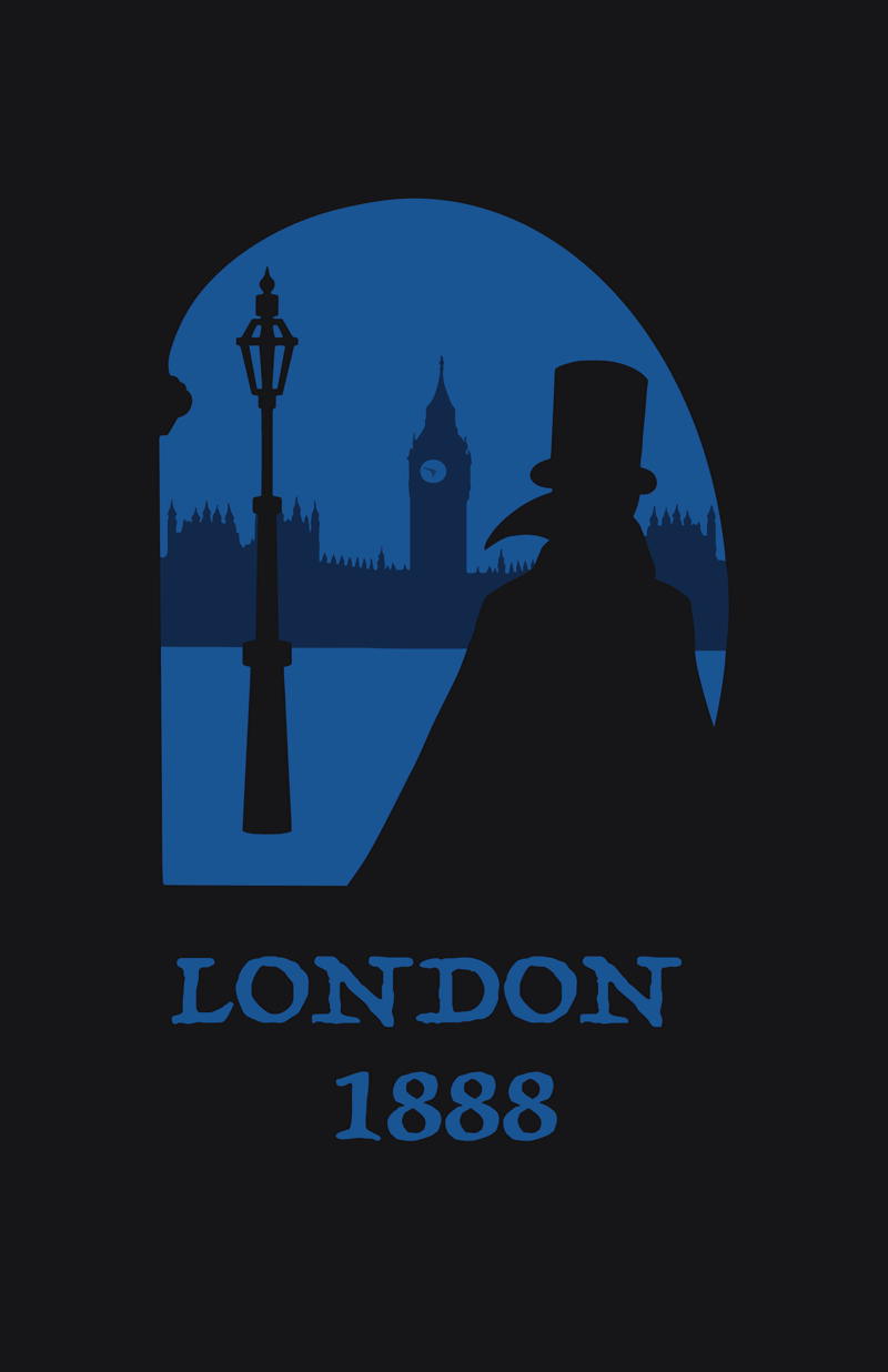 Silhouette of a person wearing a top hat with Big Ben clock tower in the background, under an archway. The image has the text "LONDON 1888" at the bottom.