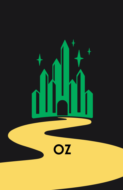 Illustration of a green castle with a yellow winding path leading to it, set against a black background with stars and the letters 'OZ' at the bottom.