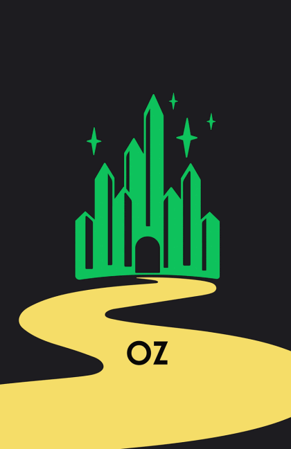 A stylized green castle with stars on a black background, a yellow winding path leading to its entrance, and the text 'oz' at the bottom.