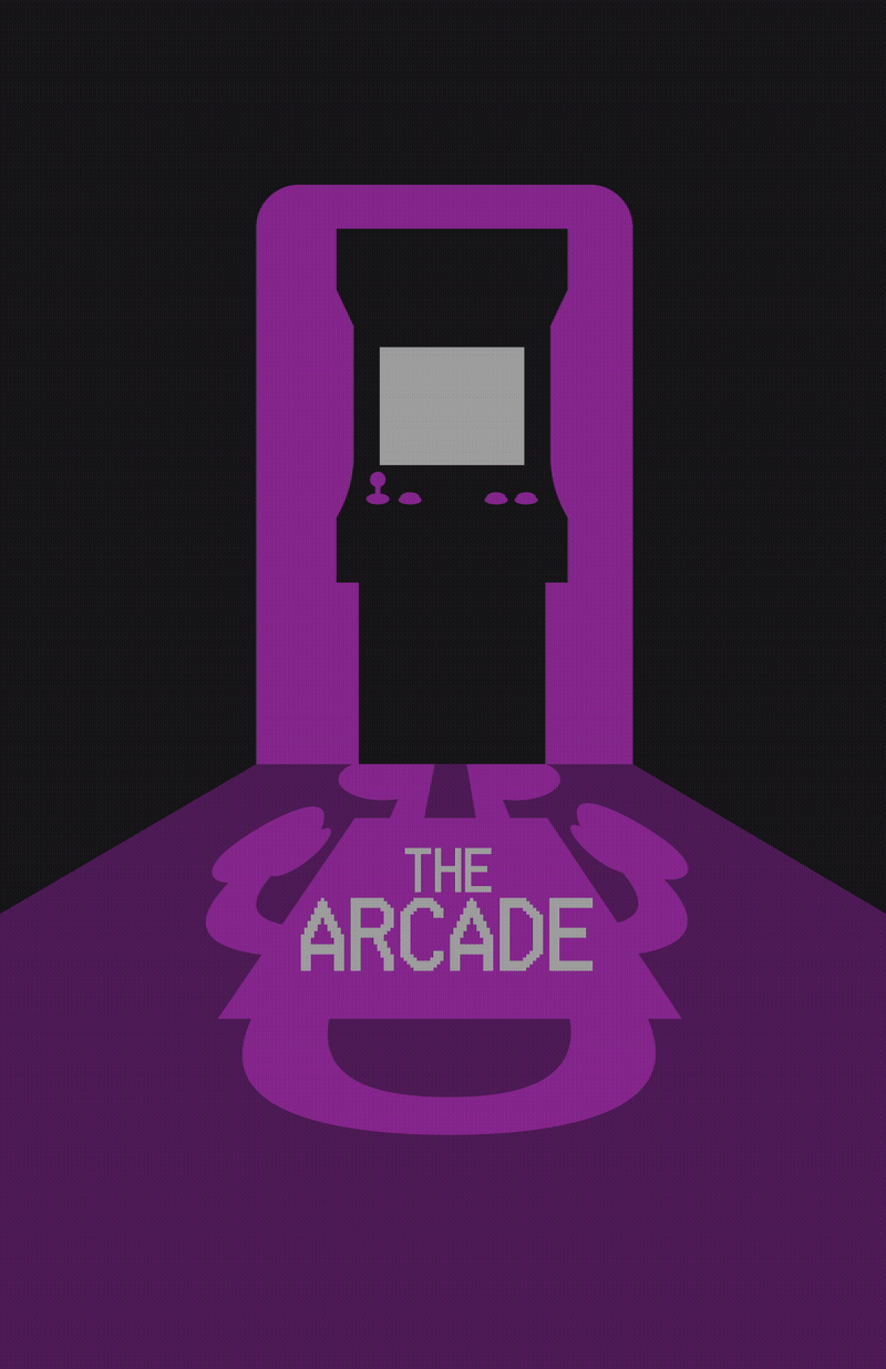 An arcade gaming machine with a purple and black design featuring the words "The Arcade" on the floor in front of it, and the machine's screen and control panel visible.