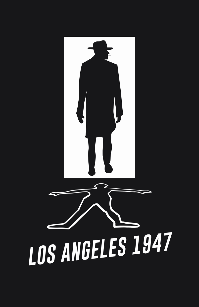 Silhouette of a man in a trench coat and fedora hat, with a stylized outline of a reclining figure, and text that reads 'Los Angeles 1947'.