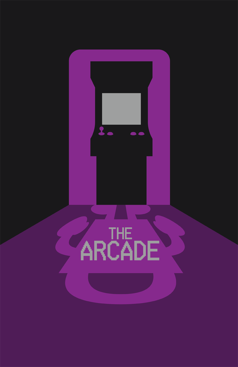 A stylized illustration of an arcade game machine with a purple and black color scheme. The floor features a purple arcade rug with the words "The Arcade" written on it.
