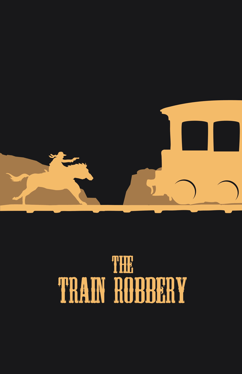 Silhouette of a train and a person riding a horse running on tracks, with the title "The Train Robbery" in Western-style font.
