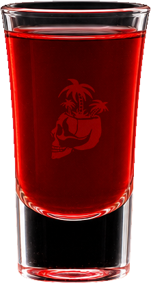 A glass filled with a red beverage and a logo of a skull with palm trees.The Easy Inn Kansas Citys best kept secret underground dive bar serving great bar food with a staff that makes this place unforgettable