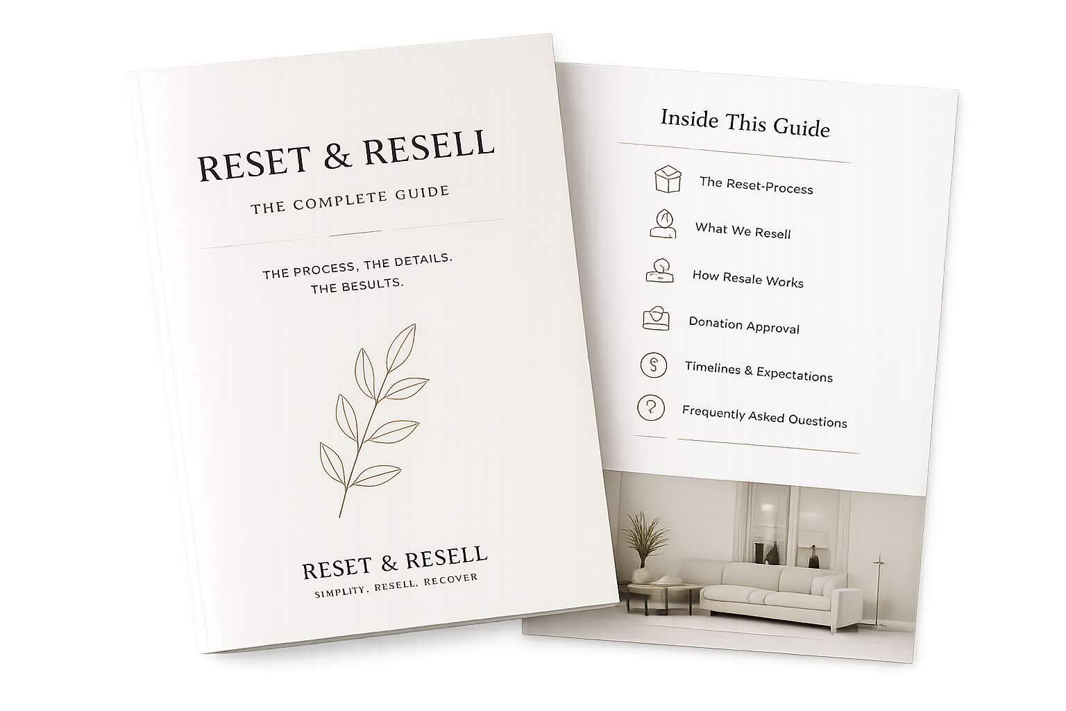 Reset & Resell guidebook explaining luxury decluttering, resale management, donation approval, timelines, and FAQs.