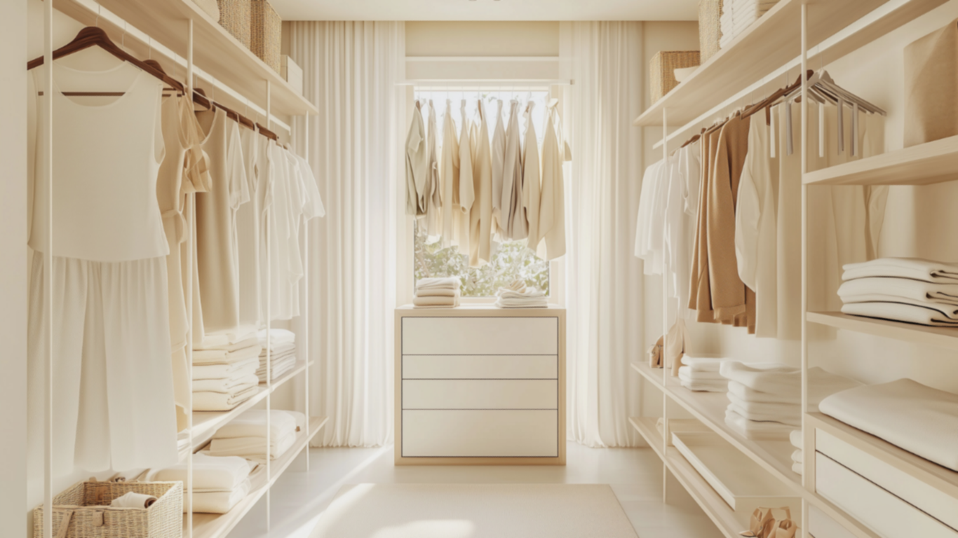 Luxury organized walk-in closet featuring, neatly arranged clothing, folded garments, and natural light, reflecting Reset & Resell's home organization and decluttering services.
