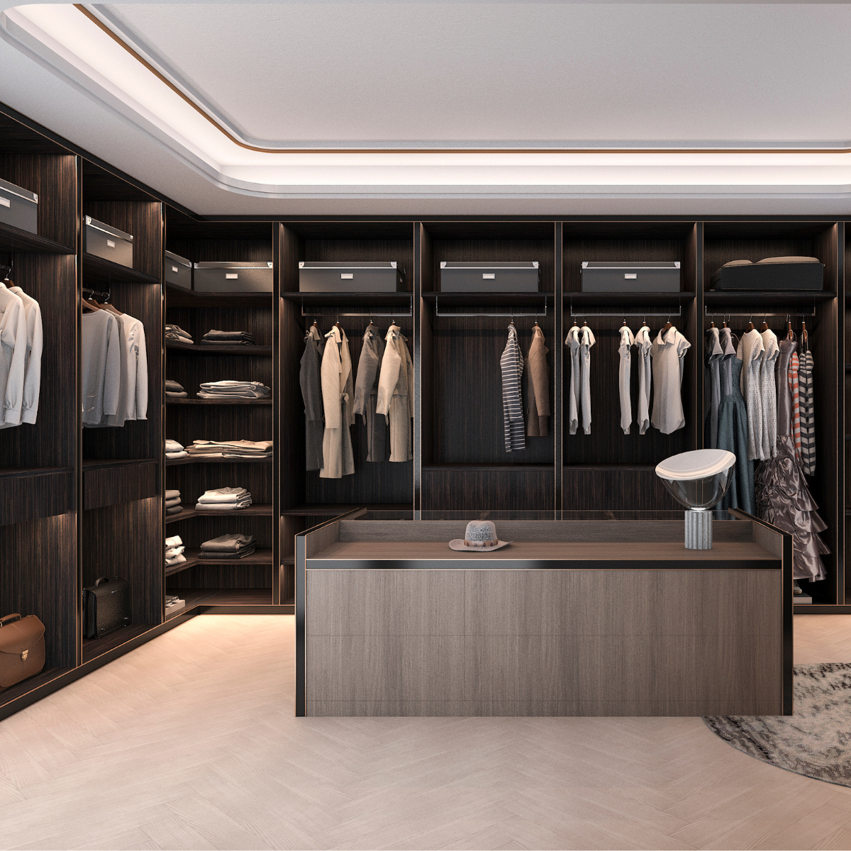 Luxury walk-in closet with organized clothing, shelves, and storage, representing elevated closet organization and decluttering services.