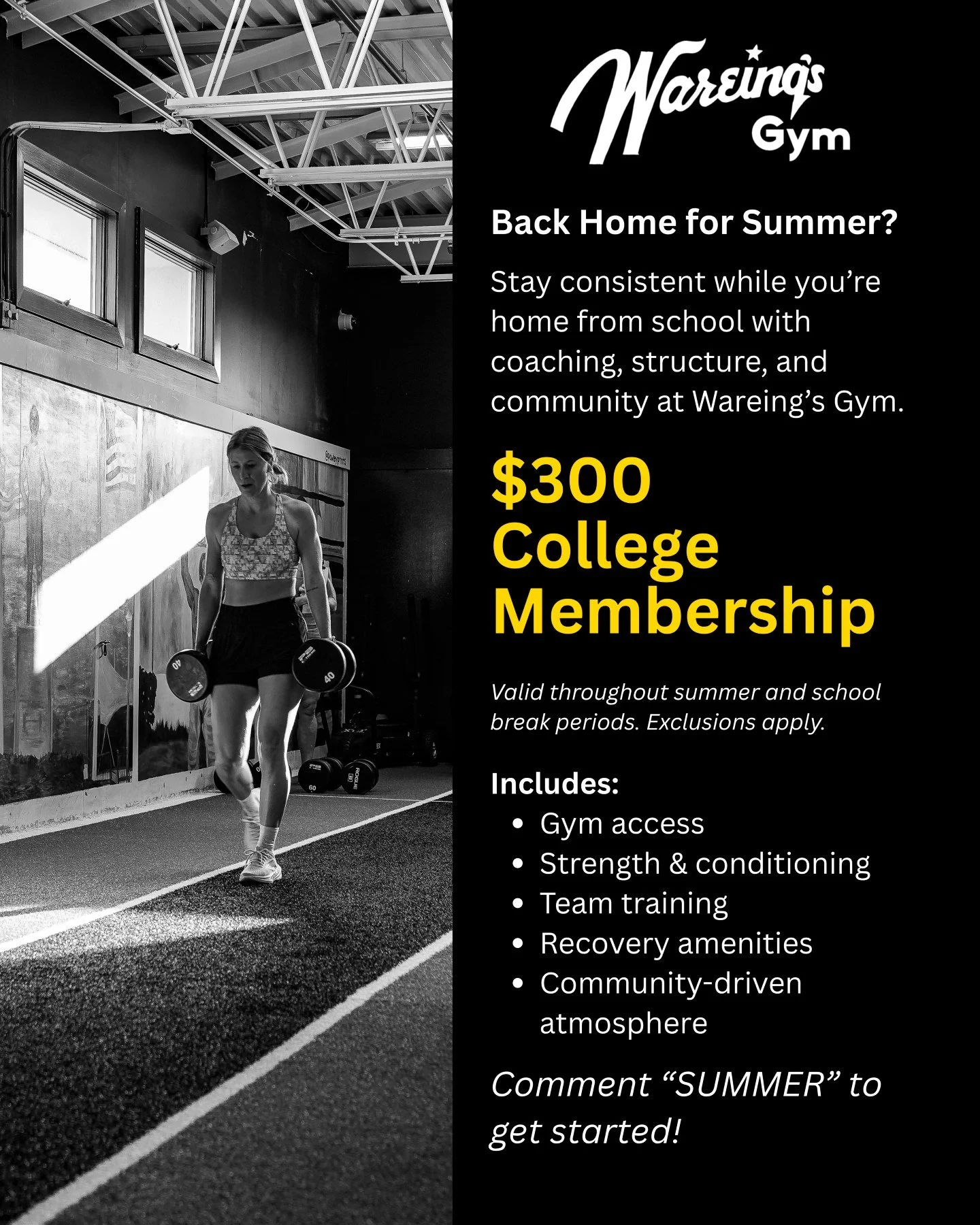 Back home from college for the summer?

The College Membership at Wareing&rsquo;s Gym is designed for students looking to stay consistent while home from school with access throughout summer and school break periods. 📆

Whether you&rsquo;re preparin