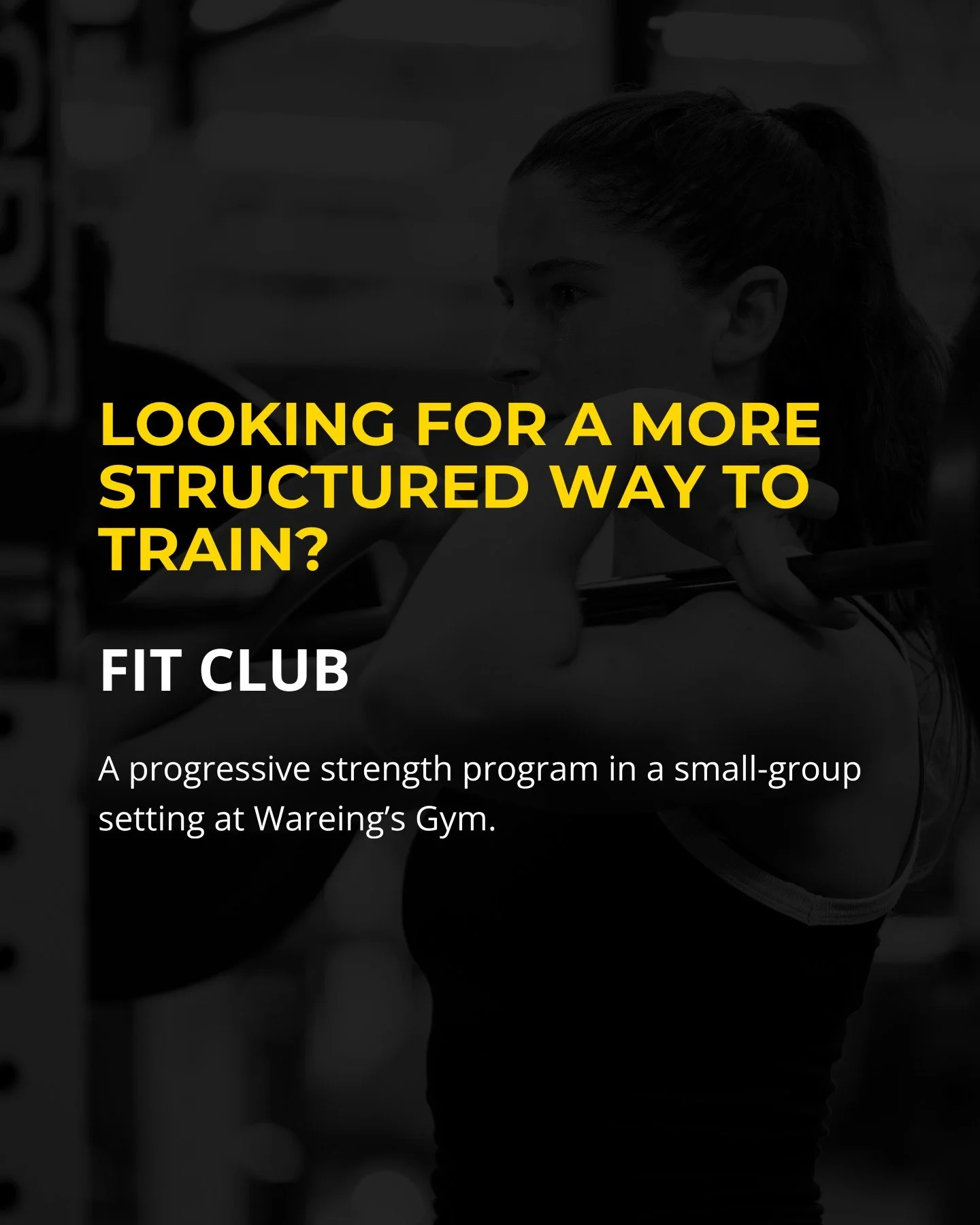 Looking for a more structured way to train?

Fit Club is a progressive strength program in a small-group setting at Wareing&rsquo;s Gym.

You get a clear plan, people to train with, more opportunity for coaching, and the accountability that comes fro
