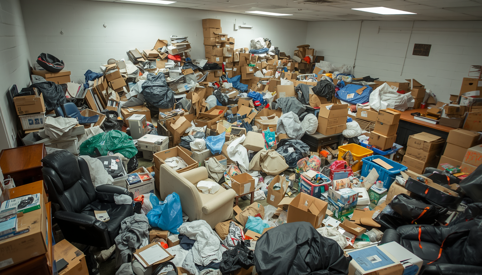 Messy office space filled with scattered papers, boxes, bags, furniture, and clutter.