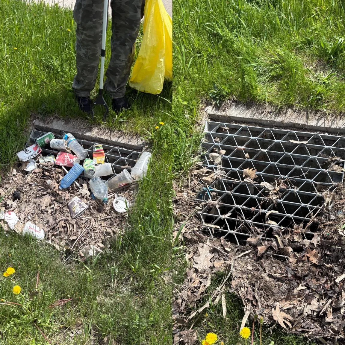 A comparison of a storm drain before and after cleaning. The left side shows the drain filled with trash, including cans and bottles. The right side shows the cleared drain, free of debris.