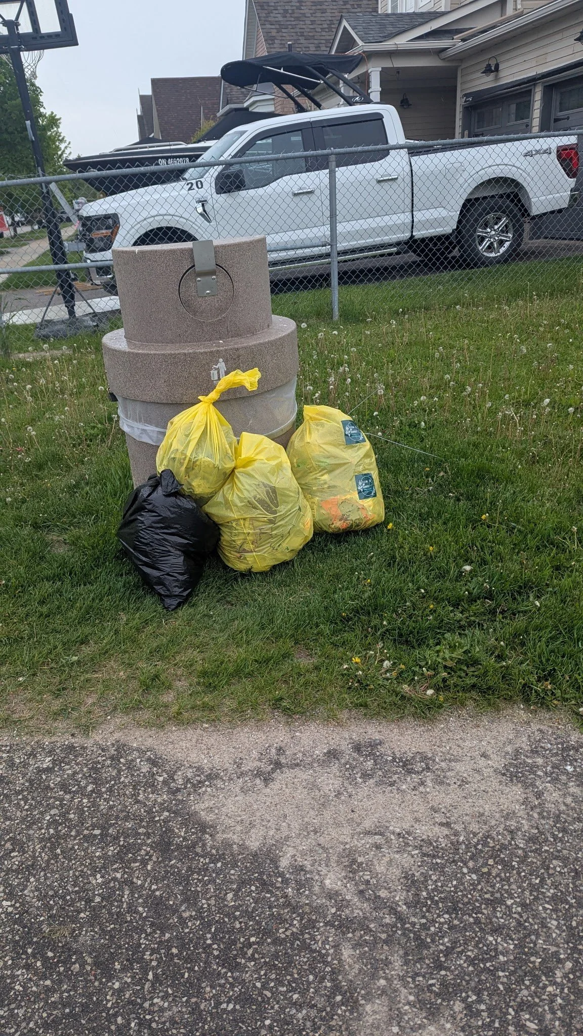 Trash cans filled with garbage bags placed on a grassy area near a sidewalk, with a chain-link fence and a white pickup truck parked behind the fence.