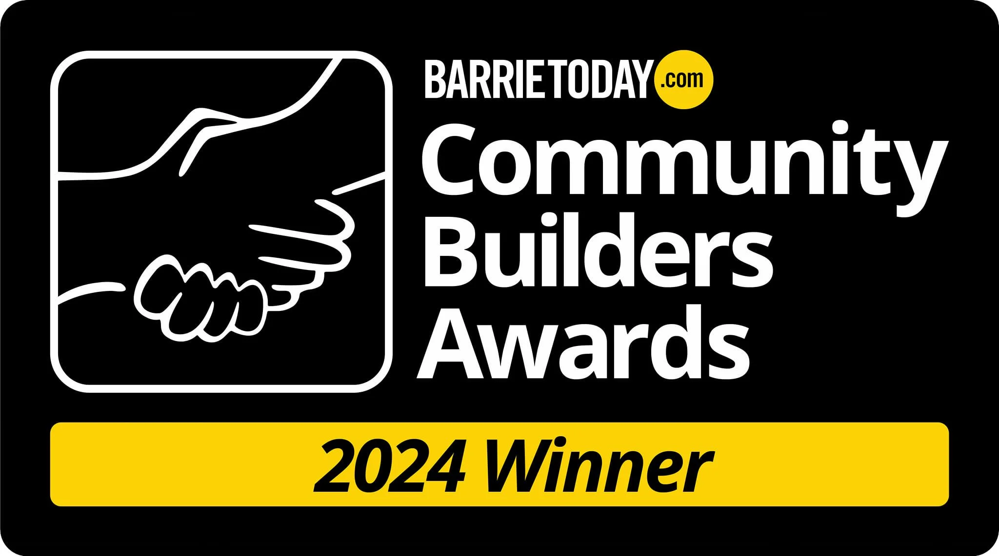 Graphic for Barriertoday.com Community Builders Awards, featuring a handshake icon, the website name, and a yellow banner with '2024 Winner'