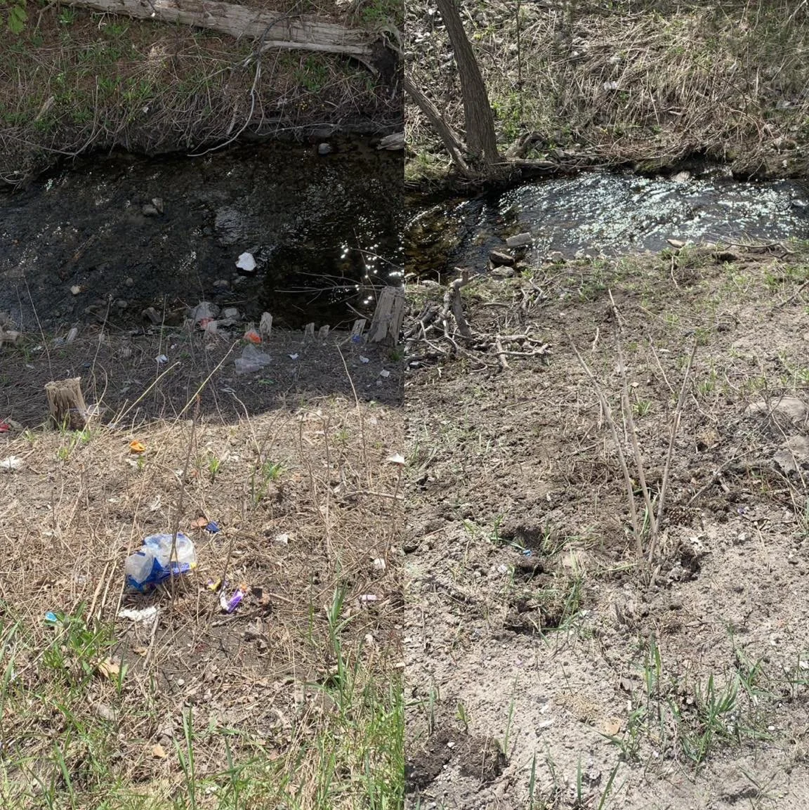 A small creek with dirty water on a dirt bank, surrounded by scattered trash and dry grass.