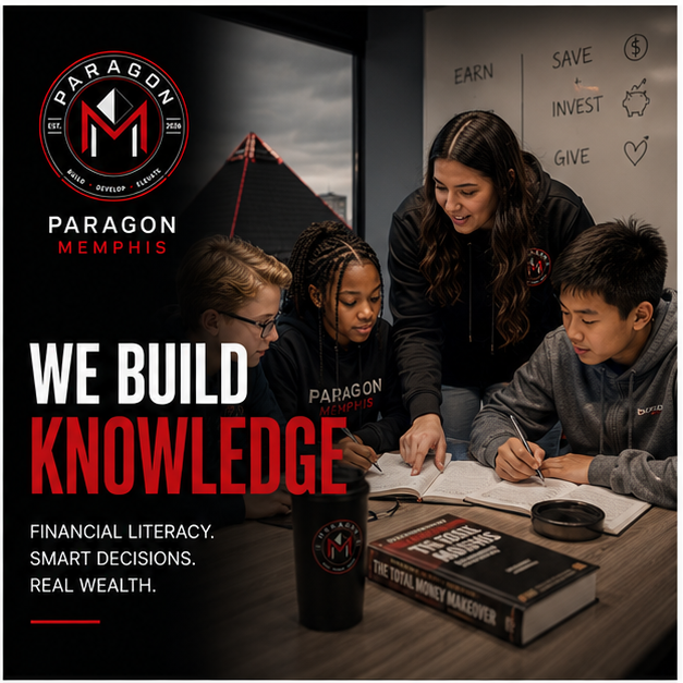 A woman teaching a group of three young students about financial literacy at a table with books and notebooks, with a Paragon Memphis banner and educational whiteboard in the background.