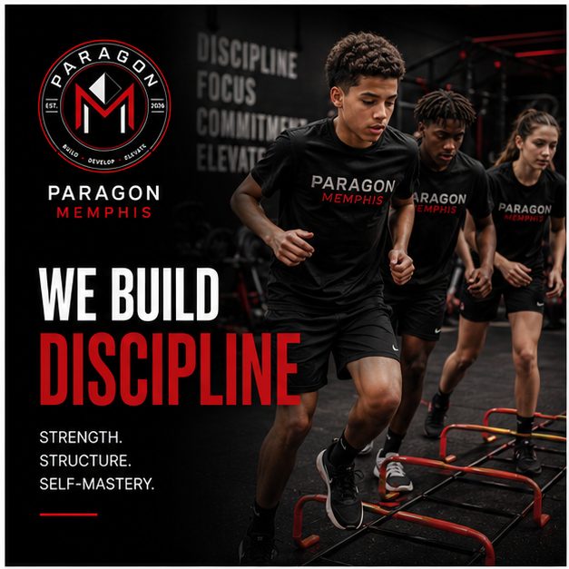 Young athletes wearing 'Paragon Memphis' shirts participating in a jump training exercise at a gym, emphasizing discipline and fitness.