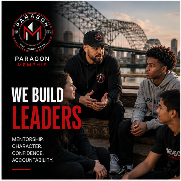 A group of young people and a coach sitting on wooden steps outdoors with a bridge in the background, promoting Paragon Memphis, a leadership program emphasizing mentorship, character, confidence, and accountability.