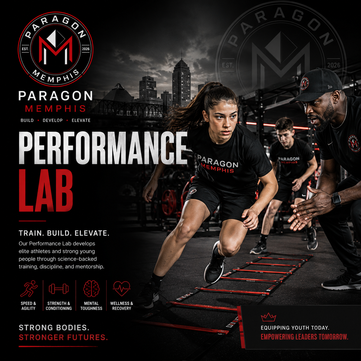 Group of young athletes training in a modern gym with city skyline in the background, under a dark sky. The text promotes Paragon Memphis Performance Lab, highlighting building, developing, and elevating athletes through science-backed training, discipline, and mentorship.