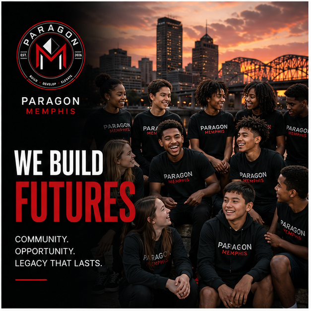 Group of young people wearing black Paragon Memphis shirts, smiling, and sitting outdoors in front of a city skyline at sunset with the slogan 'We Build Futures' and the Paragon Memphis logo.
