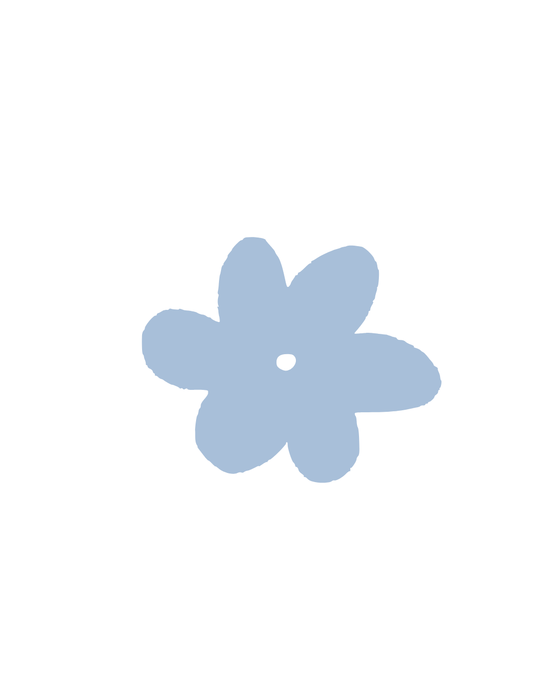 A simple illustration of a blue five-petal flower with a small black dot in the center.