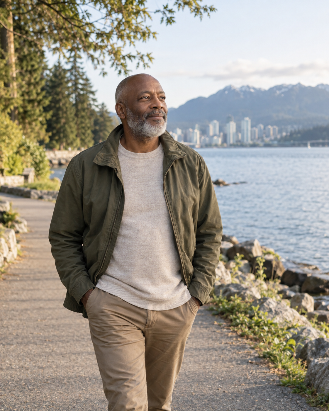 A man walking alone along the Vancouver shoreline, with water and mountains in the background.