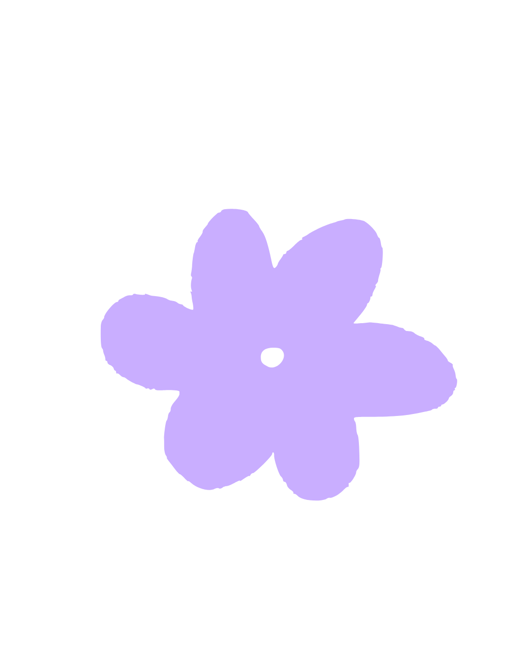 A simple illustration of a purple five-petaled flower with a small black center on a black background.