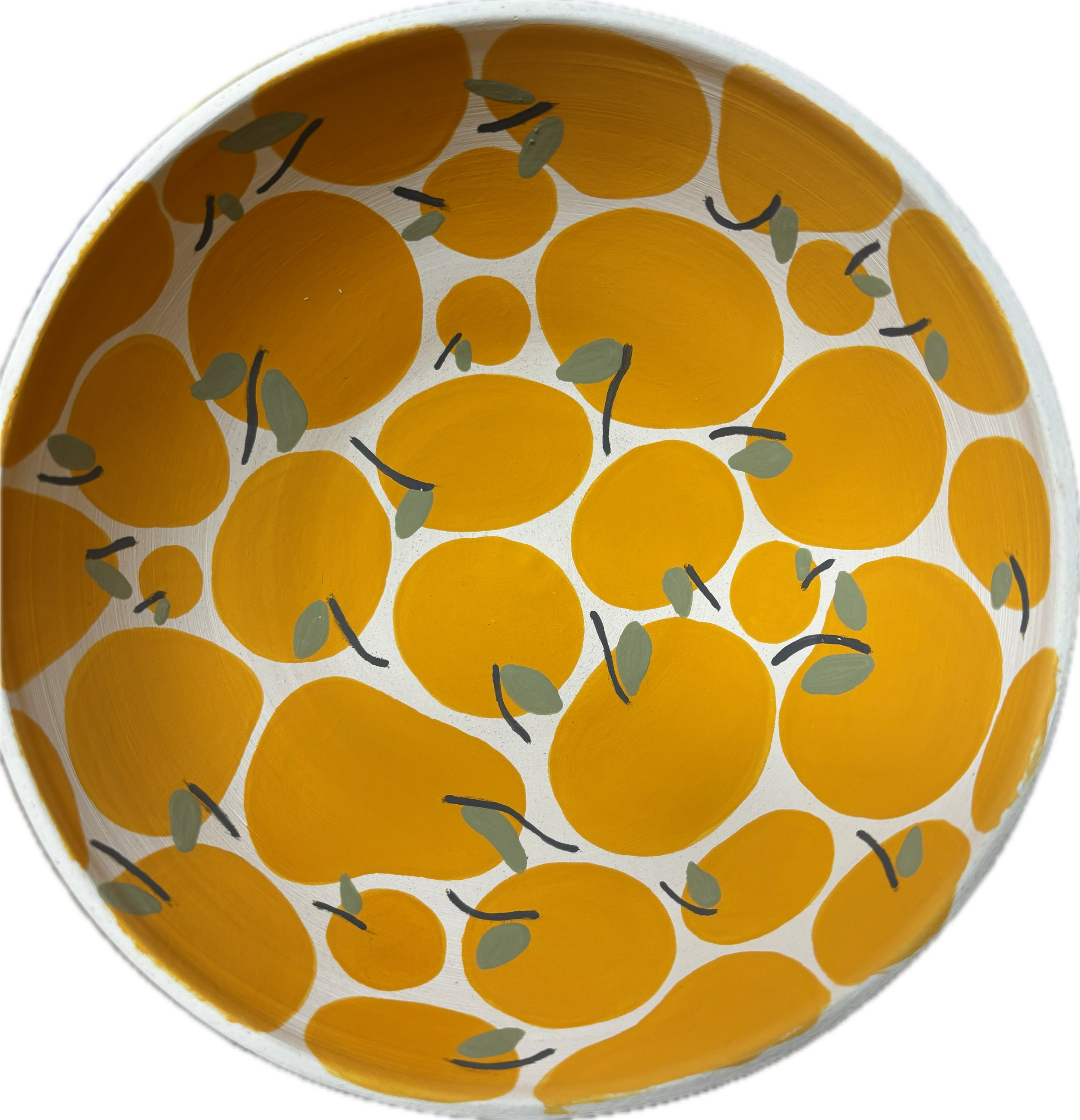 Close-up of the inside of a decorative bowl with orange and white pattern and black and gray painted accents.
